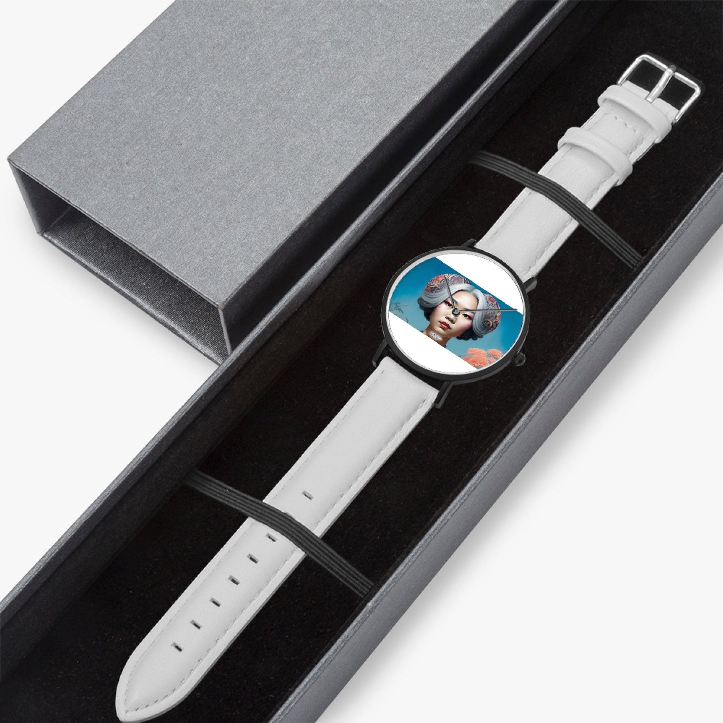 Asian woman clock face Silver grey white hair inspiration Selling Ultra-Thin Leather Strap Quartz Watch (Black)