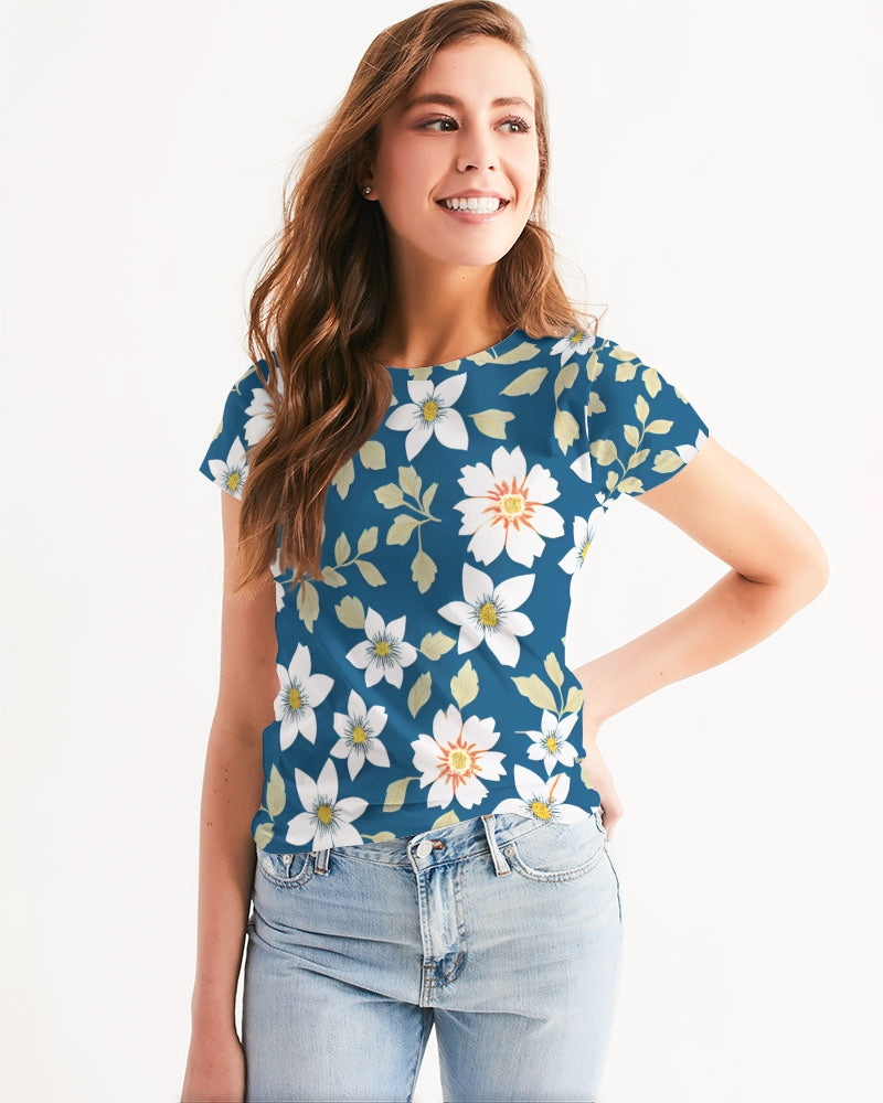 Dark blue background and white flower pattern Women's All-Over Print Tee