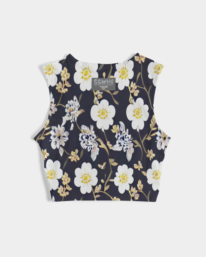 Pink flower black background Women's All-Over Print Twist-Front Tank