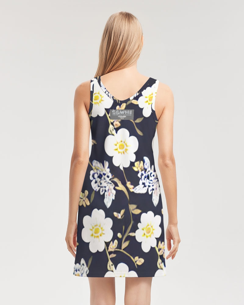 Pink flower black background Women's All-Over PrintRib Knit V Neck Mini Dress