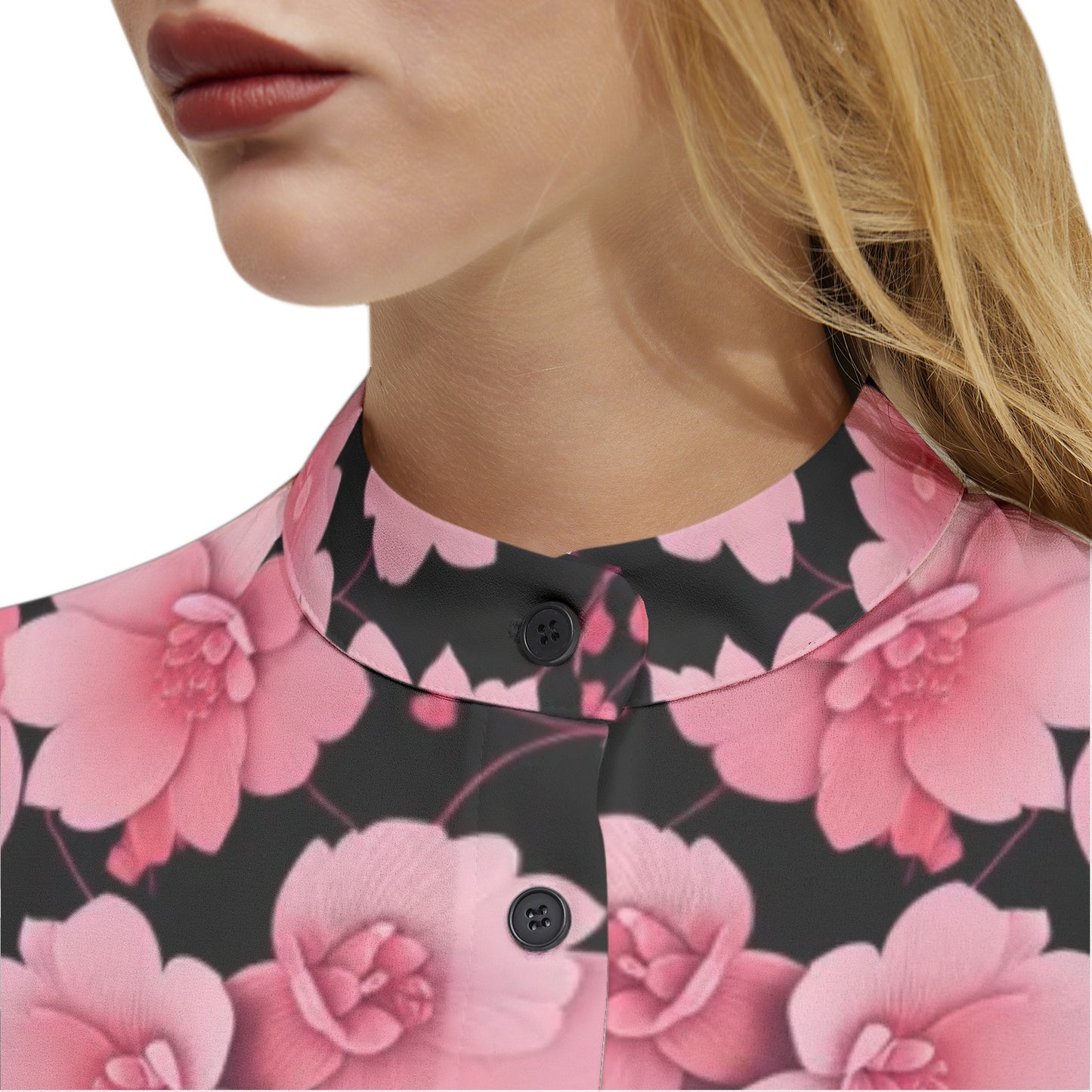 Silver grey white hair inspiration Sleeve Button Up Casual pink flower Shirt Top