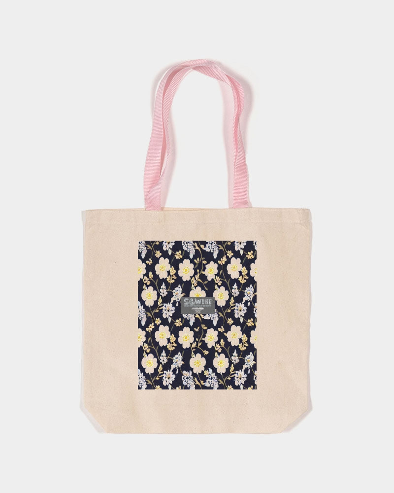 Pink flower black background Canvas Tote with Contrast-Color Handles | Q-Tees