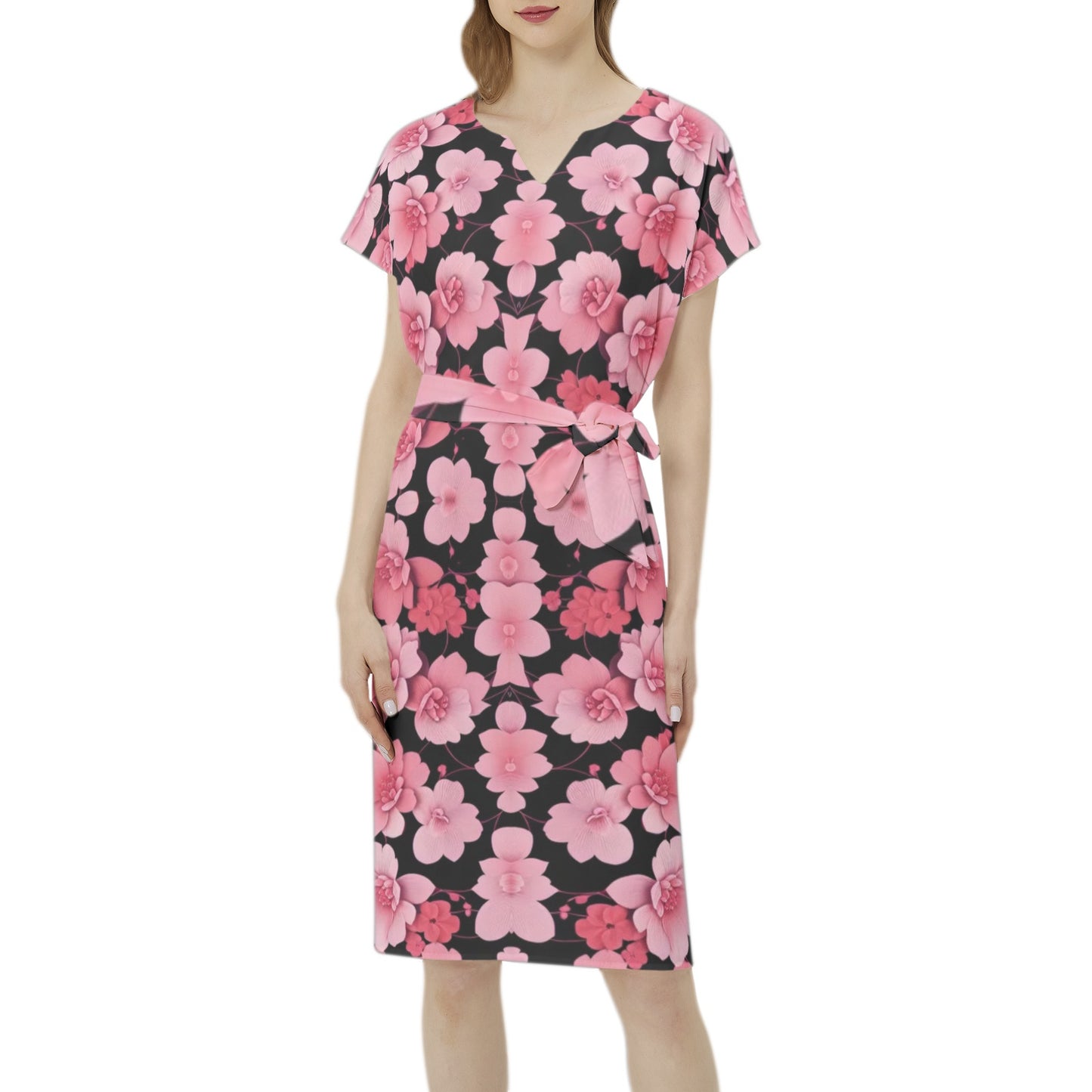 Silver grey white hair inspiration Seleeve Notch Neck Casual pink flower Dress with Belt