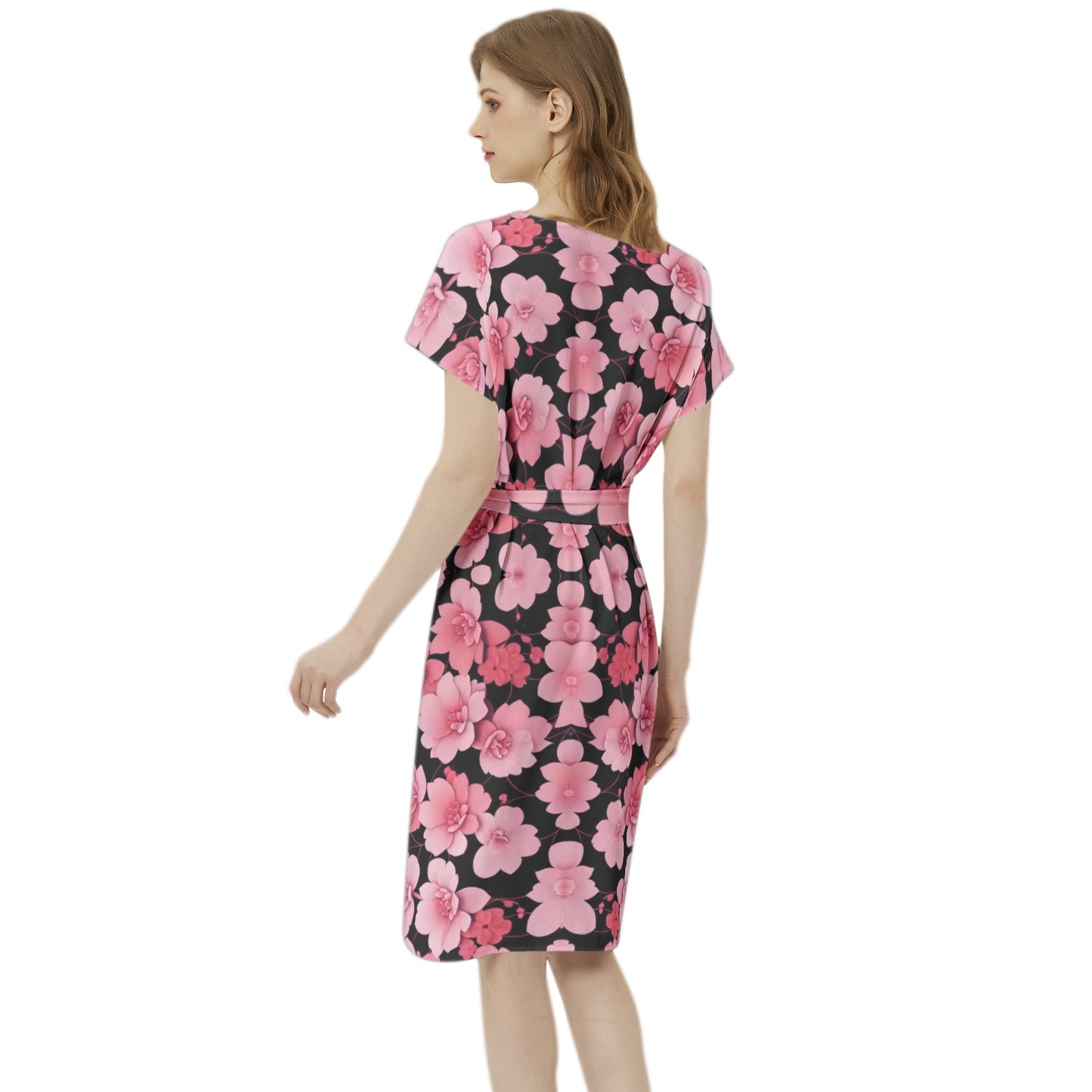 Silver grey white hair inspiration Seleeve Notch Neck Casual pink flower Dress with Belt