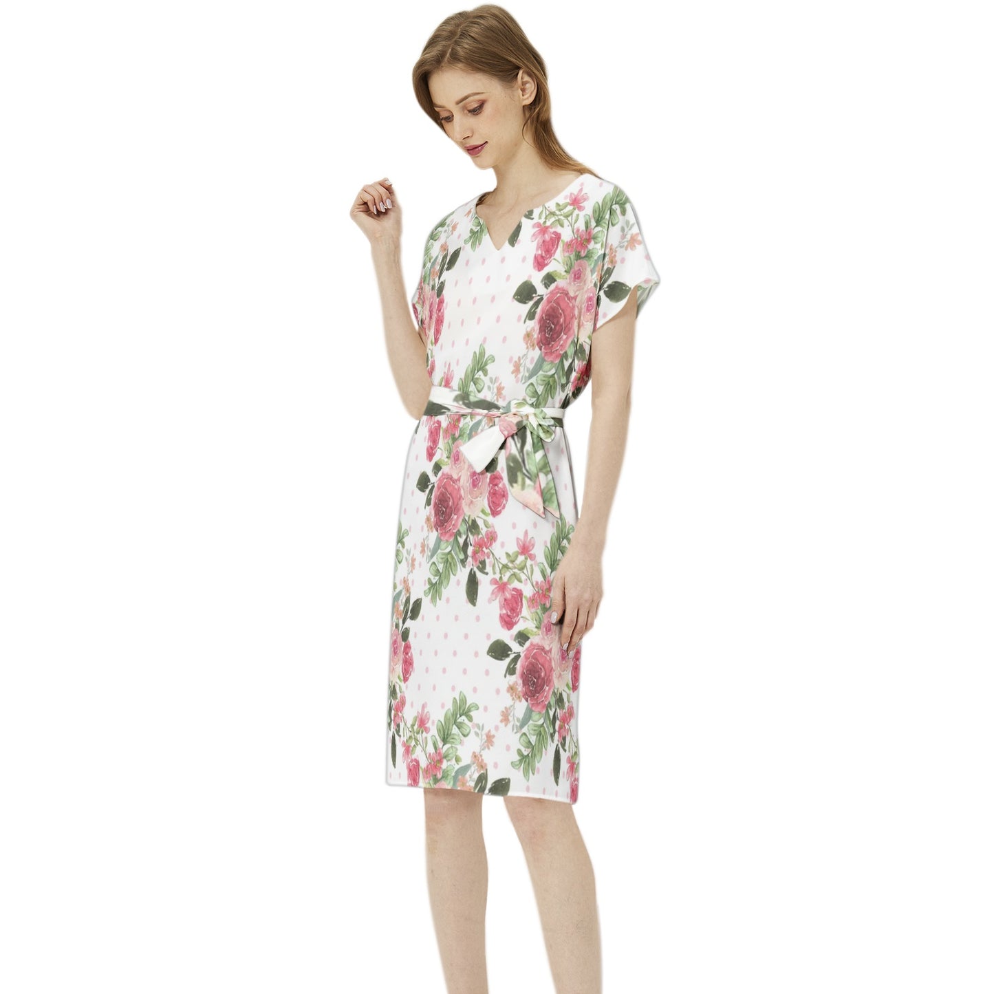 Betwing Seleeve Notch Neck Casual Dress with Belt