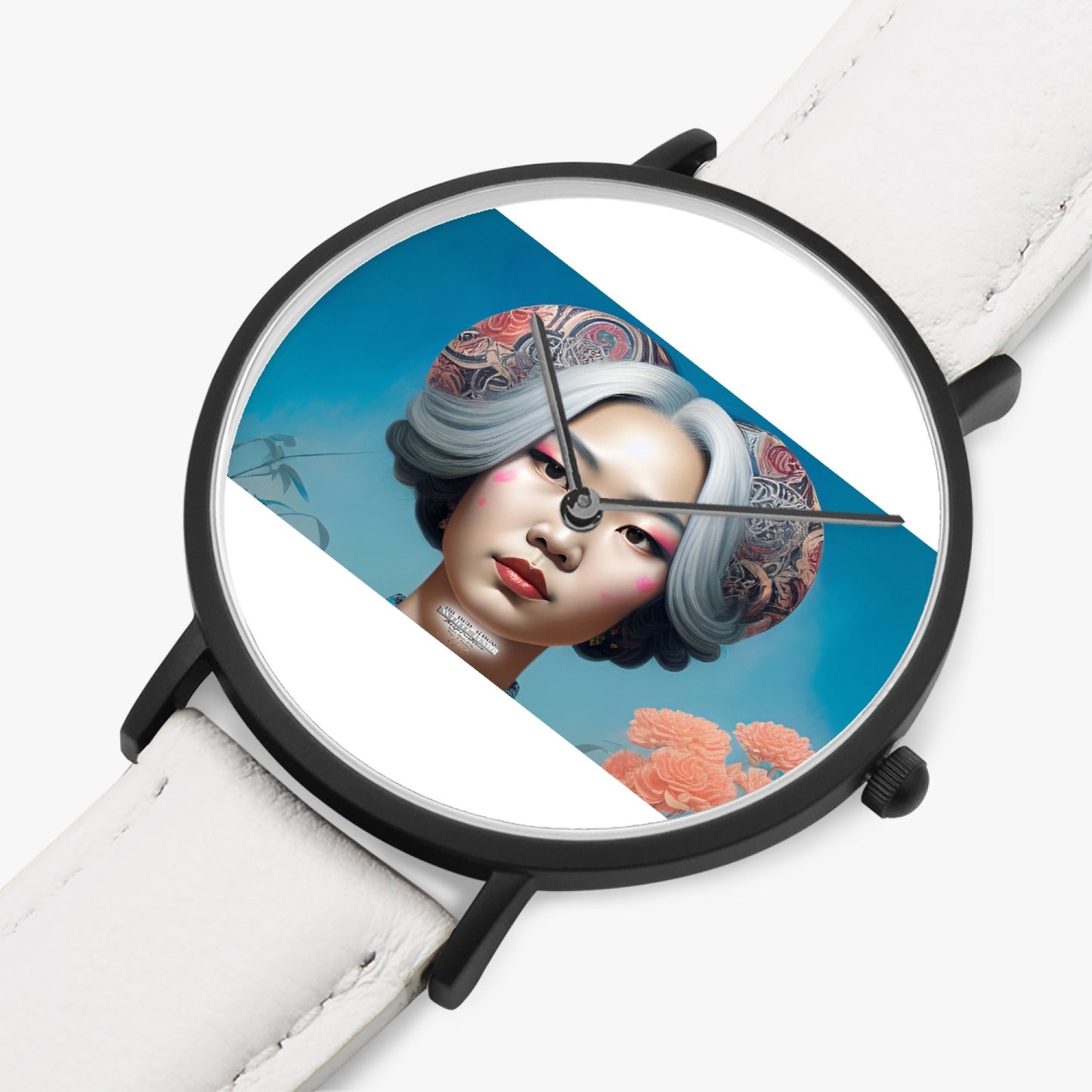 Asian woman clock face Silver grey white hair inspiration Selling Ultra-Thin Leather Strap Quartz Watch (Black)