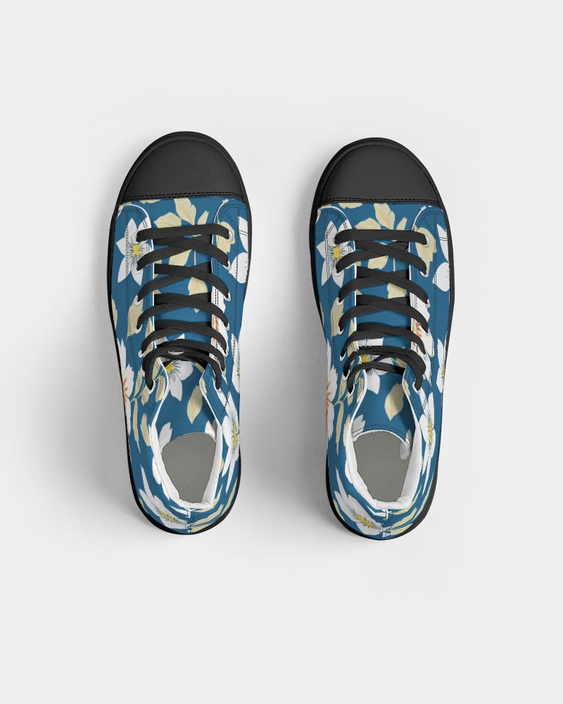 Dark blue background and white flower pattern Women's Hightop Canvas Shoe - Black