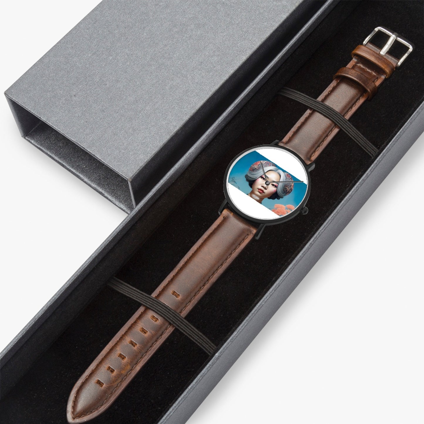 Asian woman clock face Silver grey white hair inspiration Selling Ultra-Thin Leather Strap Quartz Watch (Black)