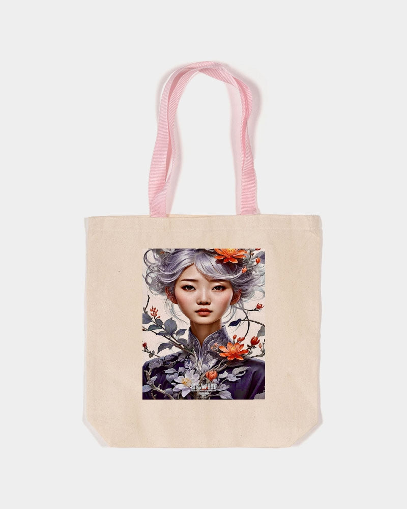 Beautiful Asian woman grey hair blossom Canvas Tote with Contrast-Color Handles | Q-Tees