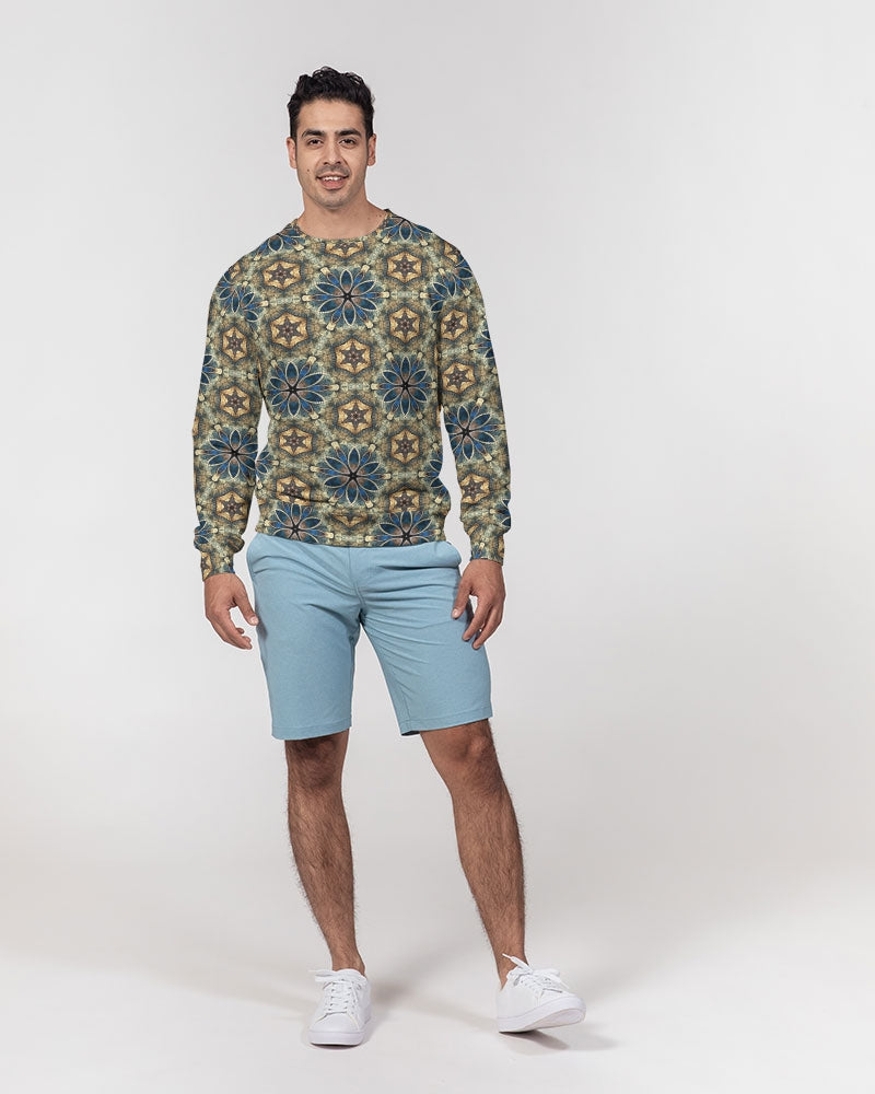 Green & Dark Blue almost star pattern. Men's All-Over Print Classic French Terry Crewneck Pullover