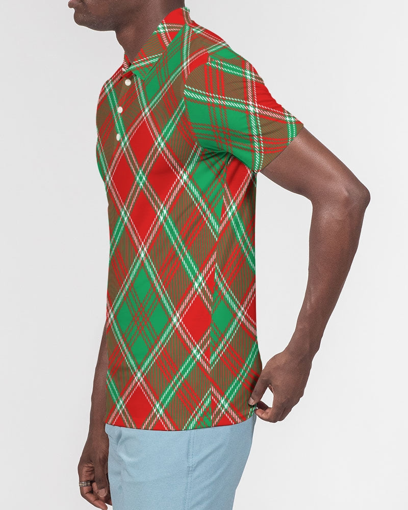 Red & Green cross pattern Men's All-Over Print Slim Fit Short Sleeve Polo