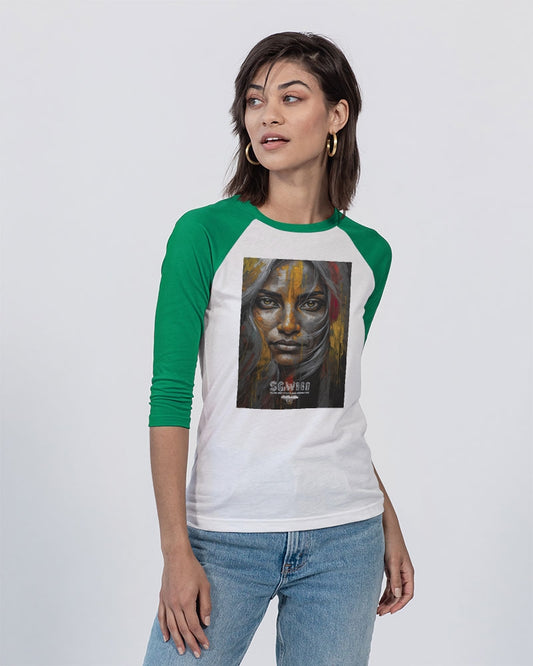 South Asian silver grey white hair sisters portrait  Unisex Three-Quarter Sleeve Baseball Tee | Bella + Canvas