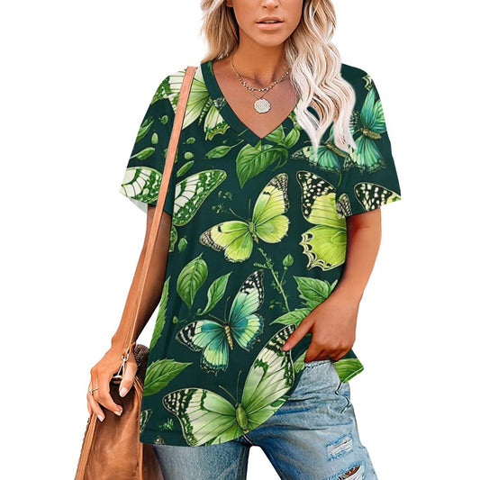 2024 New V Neck Short-sleeve Women Shirt Printed