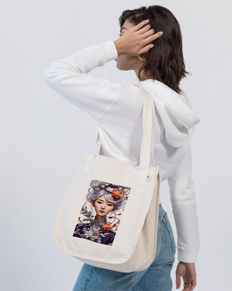 Beautiful Asian woman grey hair blossom Organic Cotton Canvas Market Tote | Econscious