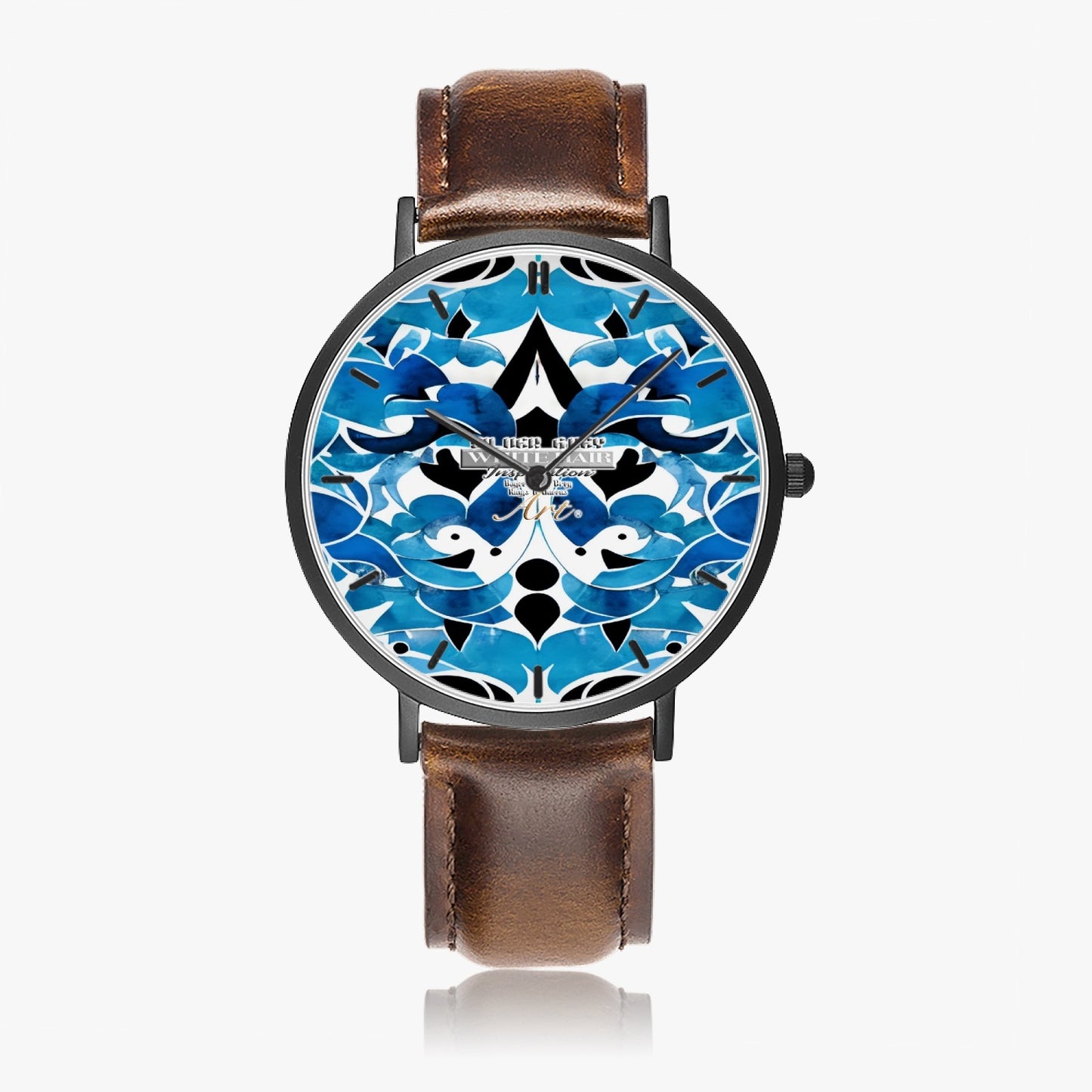 Blue abstract pattern Hot Selling Ultra-Thin Leather Strap Quartz Watch (Black With Indicators)