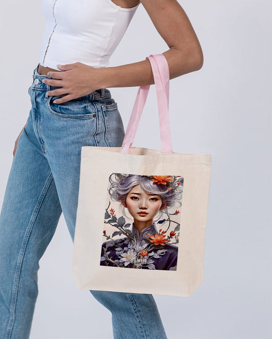 Beautiful Asian woman grey hair blossom Canvas Tote with Contrast-Color Handles | Q-Tees