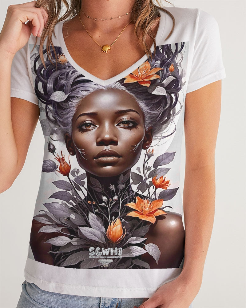 Beautiful black silver grey hair blossom women Women's All-Over Print V-Neck Tee