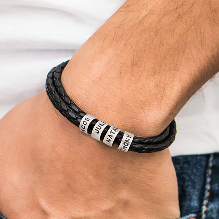 Engraved Titanium Beads Leather Bracelet [ Sexy silver grey dude]