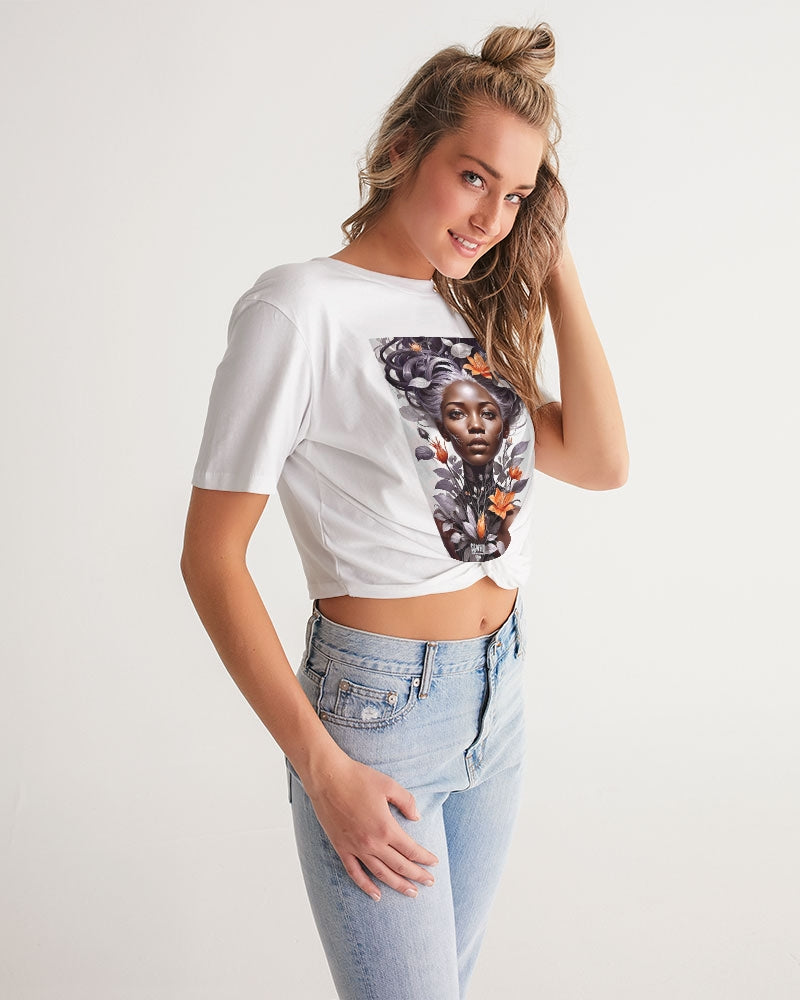 Beautiful black silver grey hair blossom women Women's All-Over Print Twist-Front Cropped Tee