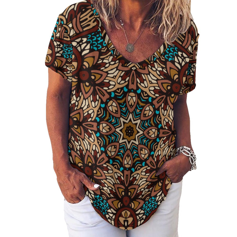 2024 New V Neck Short-sleeve Women Shirt Printed