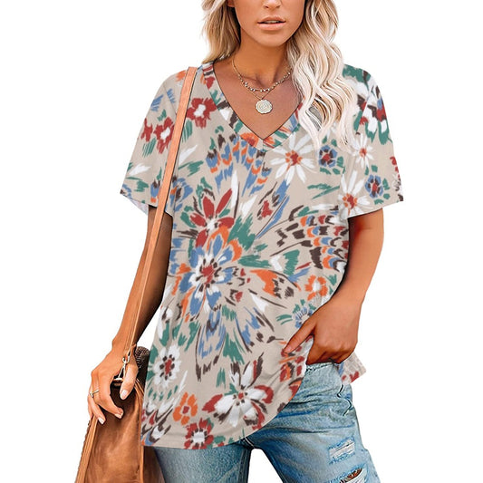 2024 New V Neck Short-sleeve Women Shirt Printed