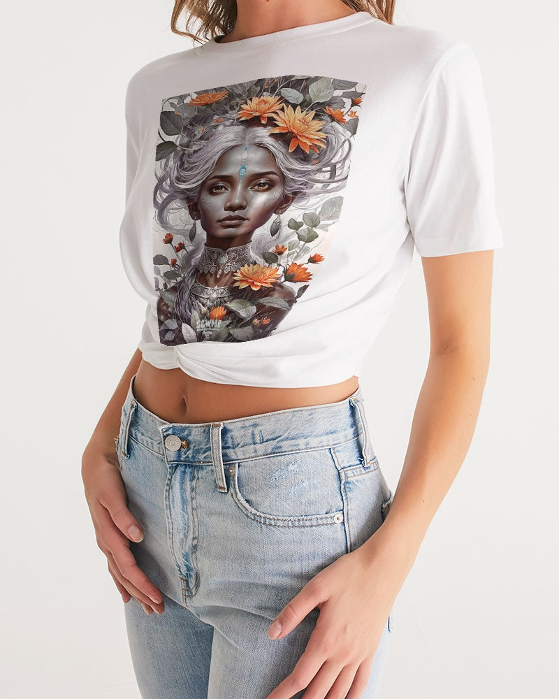 Blossom Indian Grey sister Women's All-Over Print Twist-Front Cropped Tee