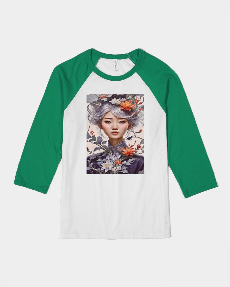 Beautiful Asian woman grey hair blossom Unisex Three-Quarter Sleeve Baseball Tee | Bella + Canvas