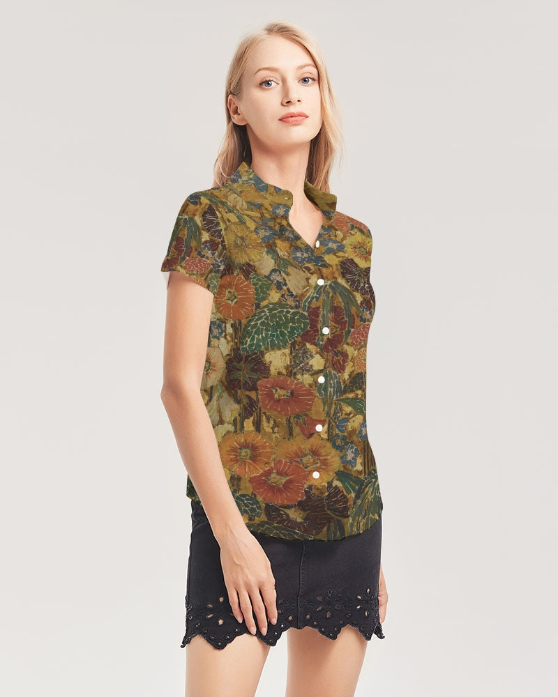 Autumn play Women's All-Over Print Short Sleeve Button Up