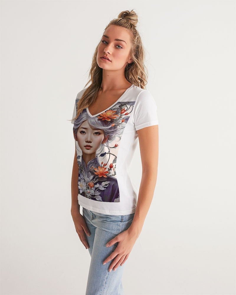 Beautiful Asian woman grey hair blossom Women's All-Over Print V-Neck Tee