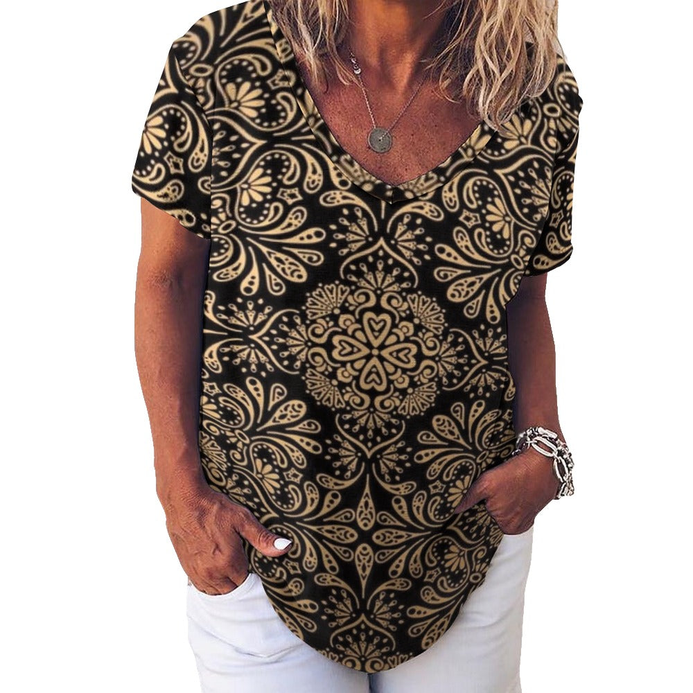 2024 New V Neck Short-sleeve Women Shirt Printed