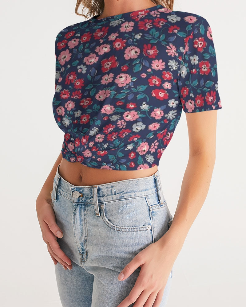 Midnight blue pretty glance.  Women's All-Over Print Twist-Front Cropped Tee