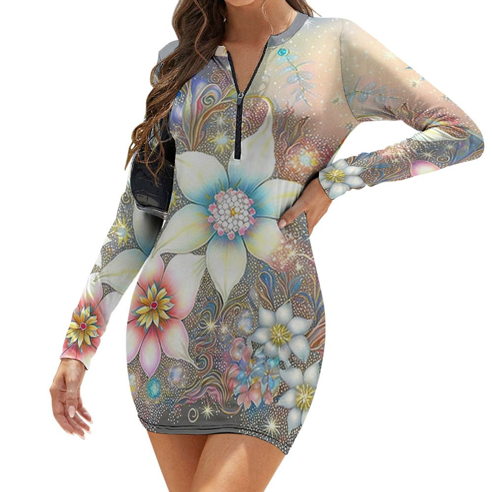 Women's Zipper Long Sleeve Hip Dress