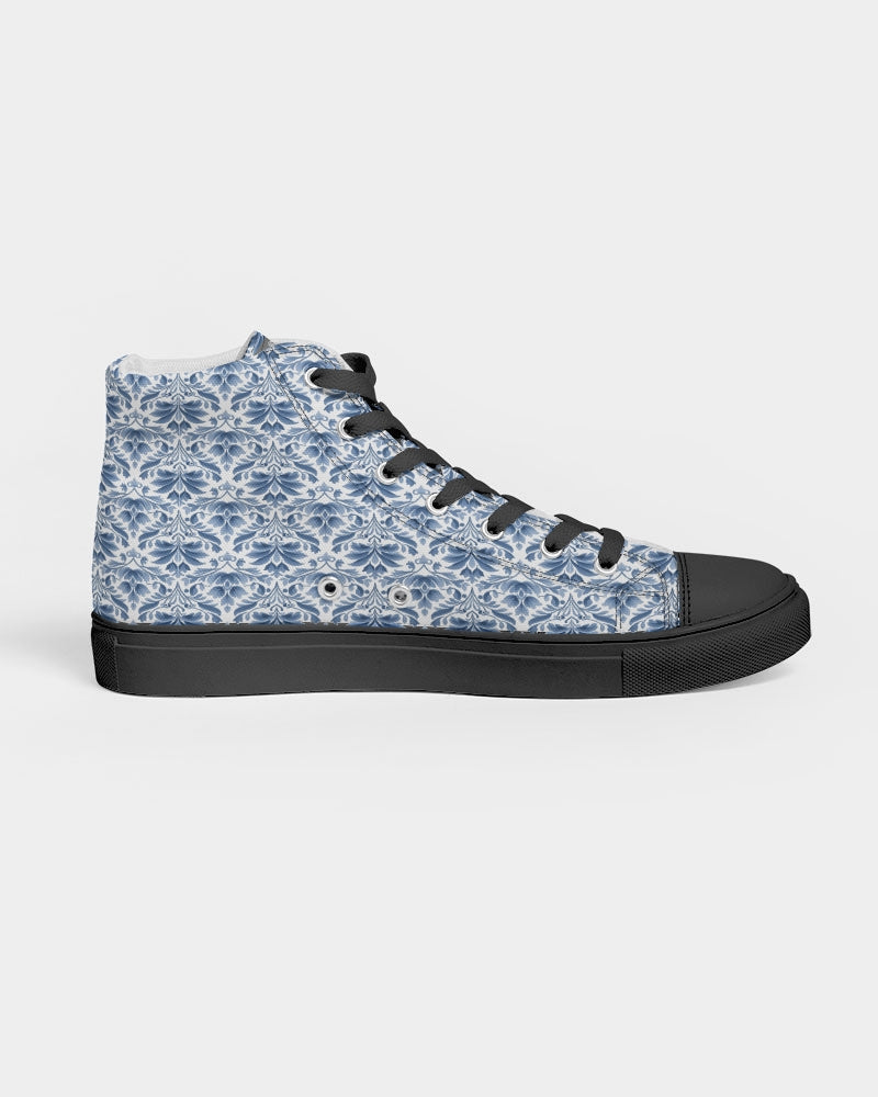 light blue Royal patten  Men's Hightop Canvas Shoe - Black