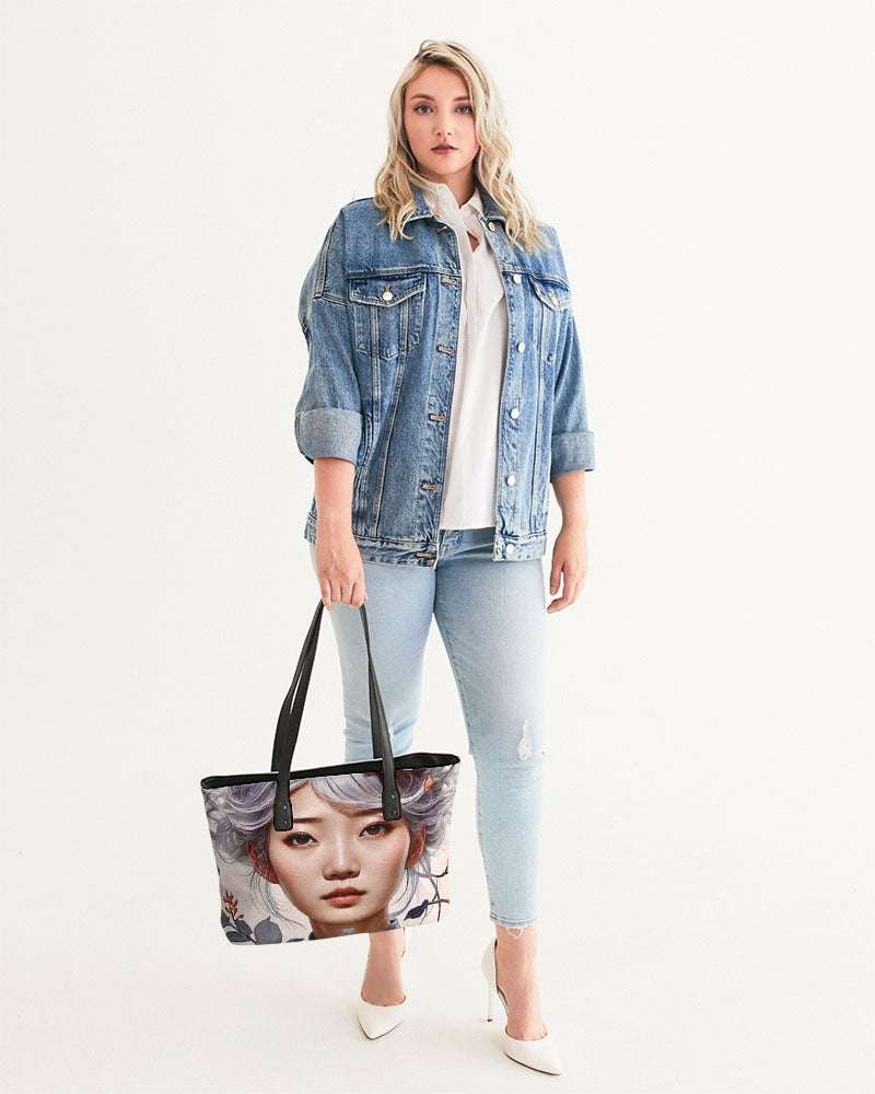 Beautiful Asian woman grey hair blossom Stylish Tote