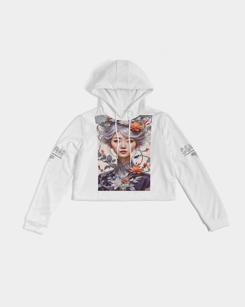 Beautiful Asian woman grey hair blossom Women's All-Over Print Cropped Hoodie