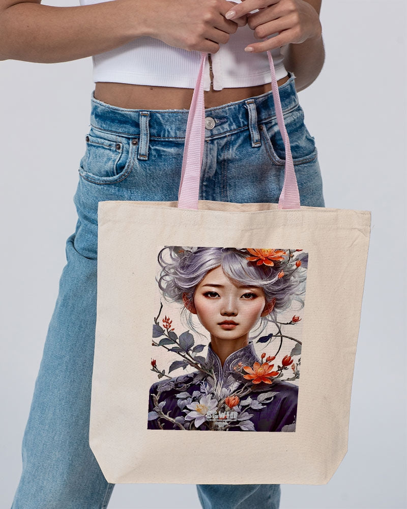 Beautiful Asian woman grey hair blossom Canvas Tote with Contrast-Color Handles | Q-Tees