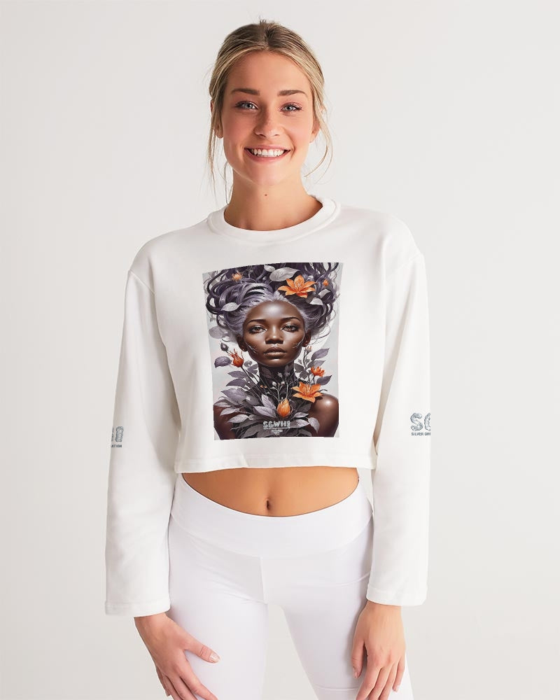 Beautiful black silver grey hair blossom women Women's All-Over Print Cropped Sweatshirt