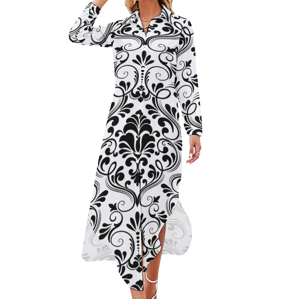 Button Neck Long Sleeve Shirt Dress