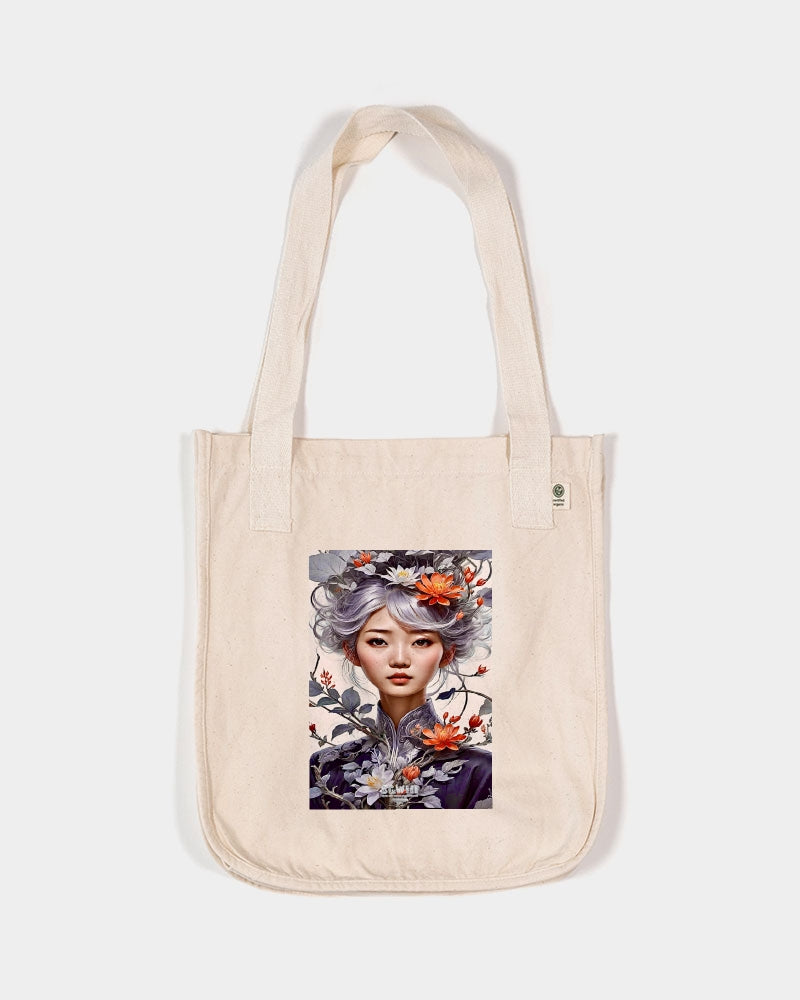 Beautiful Asian woman grey hair blossom Organic Cotton Canvas Market Tote | Econscious