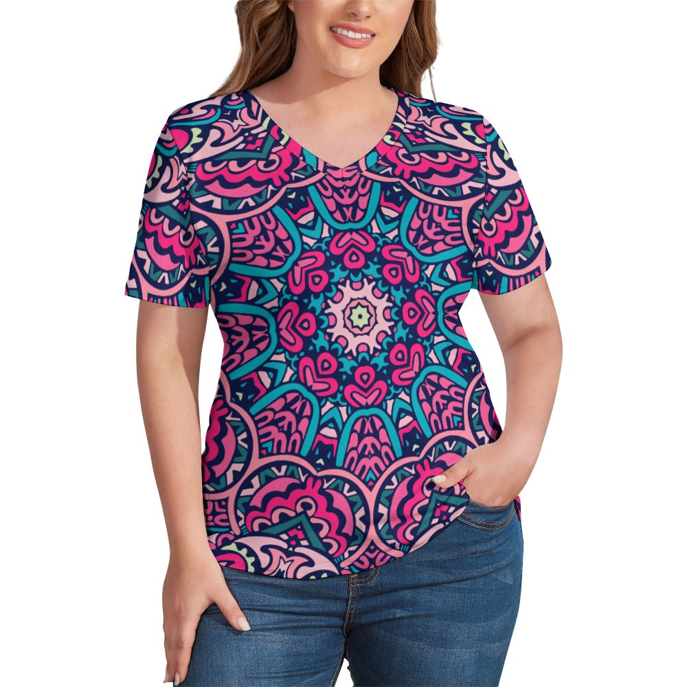 2024 New V Neck Short-sleeve Women Shirt Printed