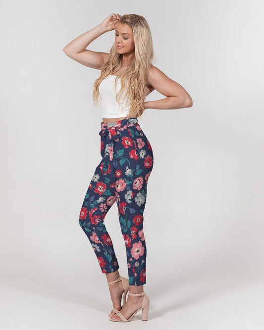 Midnight blue pretty glance.  Women's All-Over Print Belted Tapered Pants