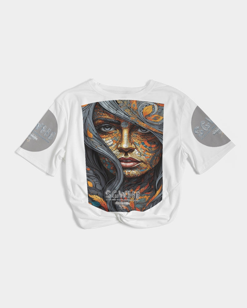 Beautiful Mosaic White Sister  Women's All-Over Print Twist-Front Cropped Tee