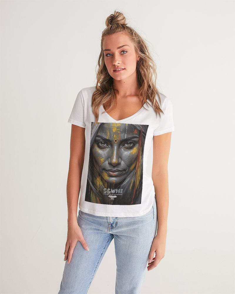 South Asian silver grey white hair sisters portrait [3] Women's All-Over Print V-Neck Tee