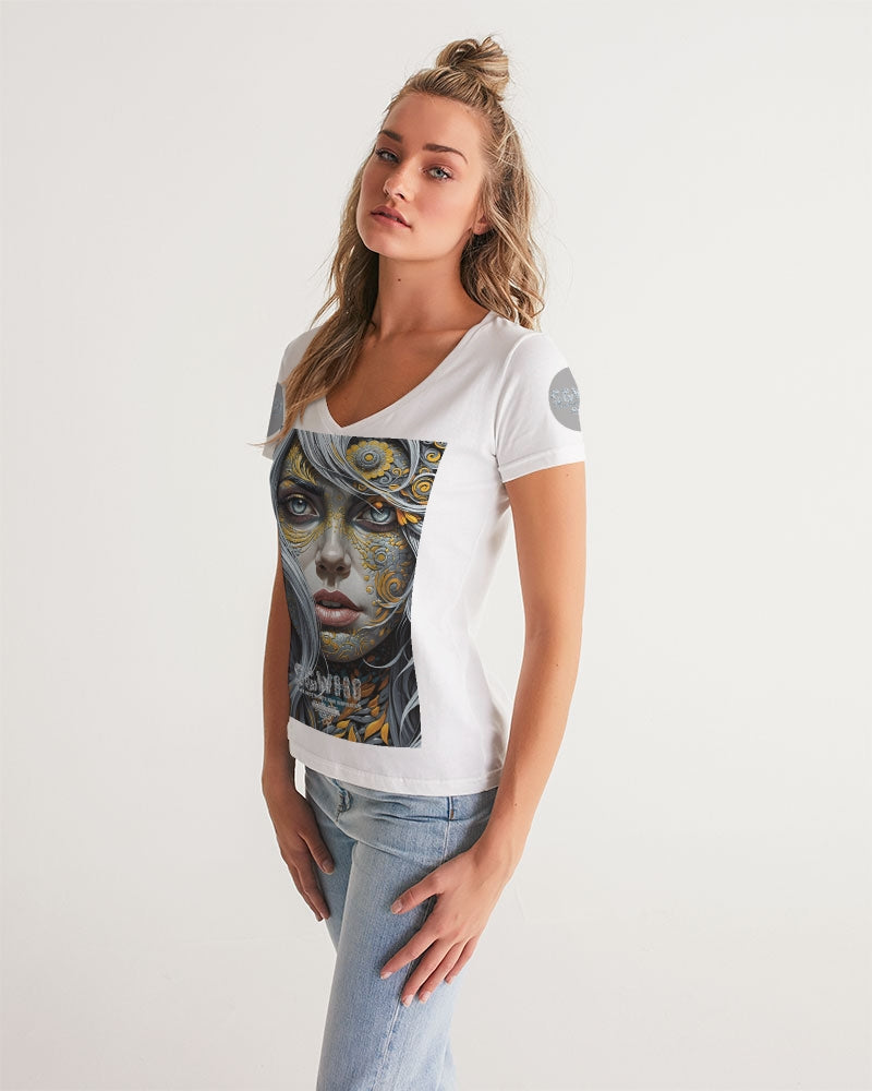 Sweet Silver Yellow Flower Grey Hair sister.[Part three] Women's All-Over Print V-Neck Tee