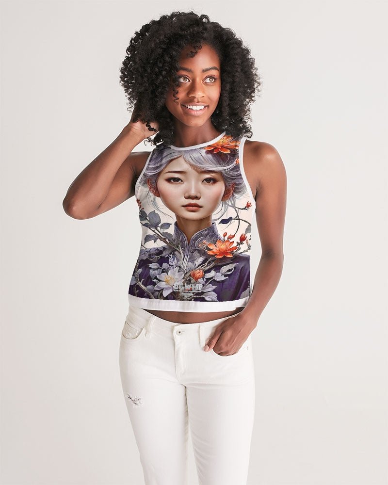 Beautiful Asian woman grey hair blossom Women's All-Over Print Cropped Tank