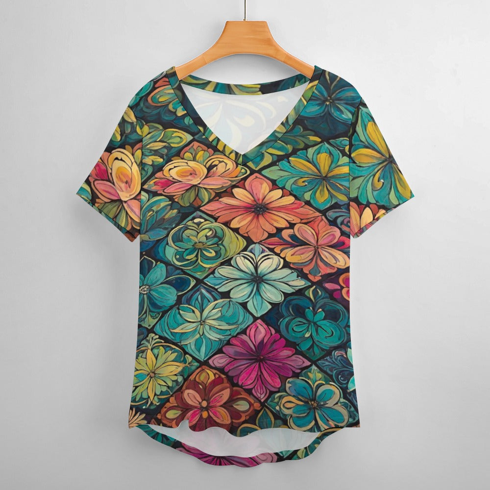 2024 New V Neck Short-sleeve Women Shirt Printed