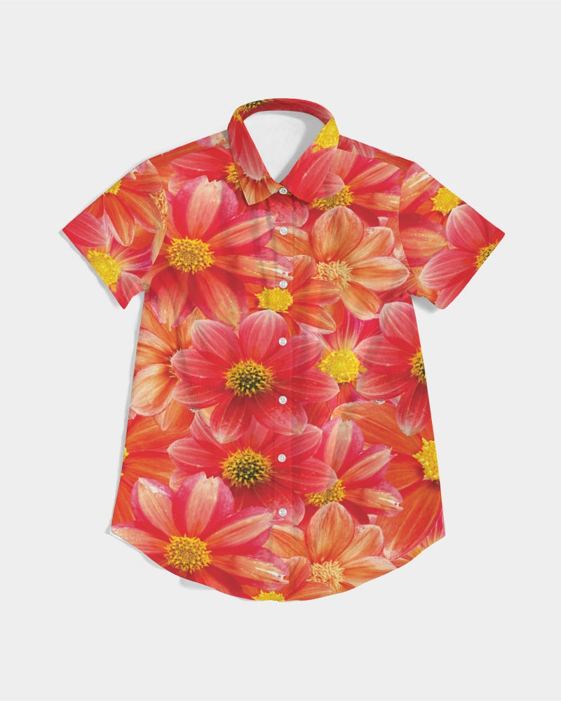 Beautiful blood orange flower design Women's All-Over Print Short Sleeve Button Up