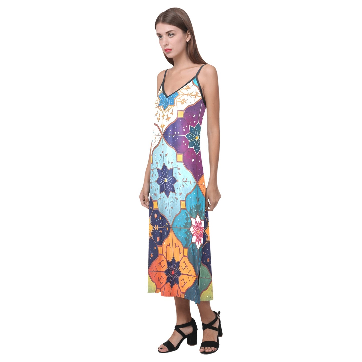 Women's V-Neck Open Fork Long Dress (Model D18)