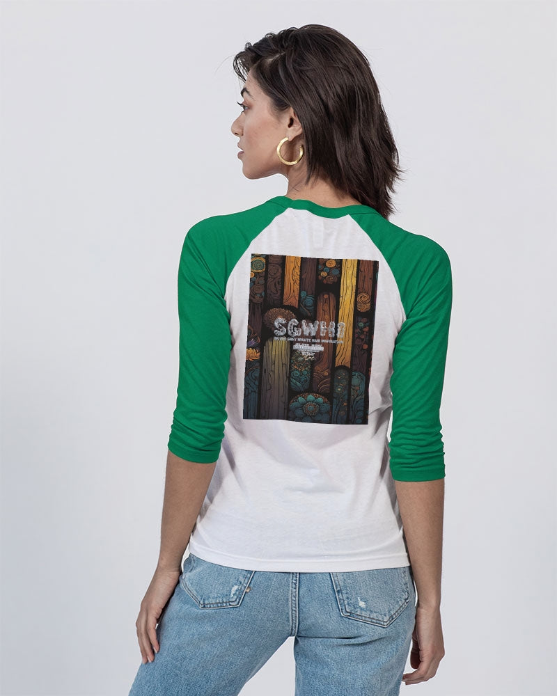 South Asian silver grey white hair sisters portrait [3] Unisex Three-Quarter Sleeve Baseball Tee | Bella + Canvas