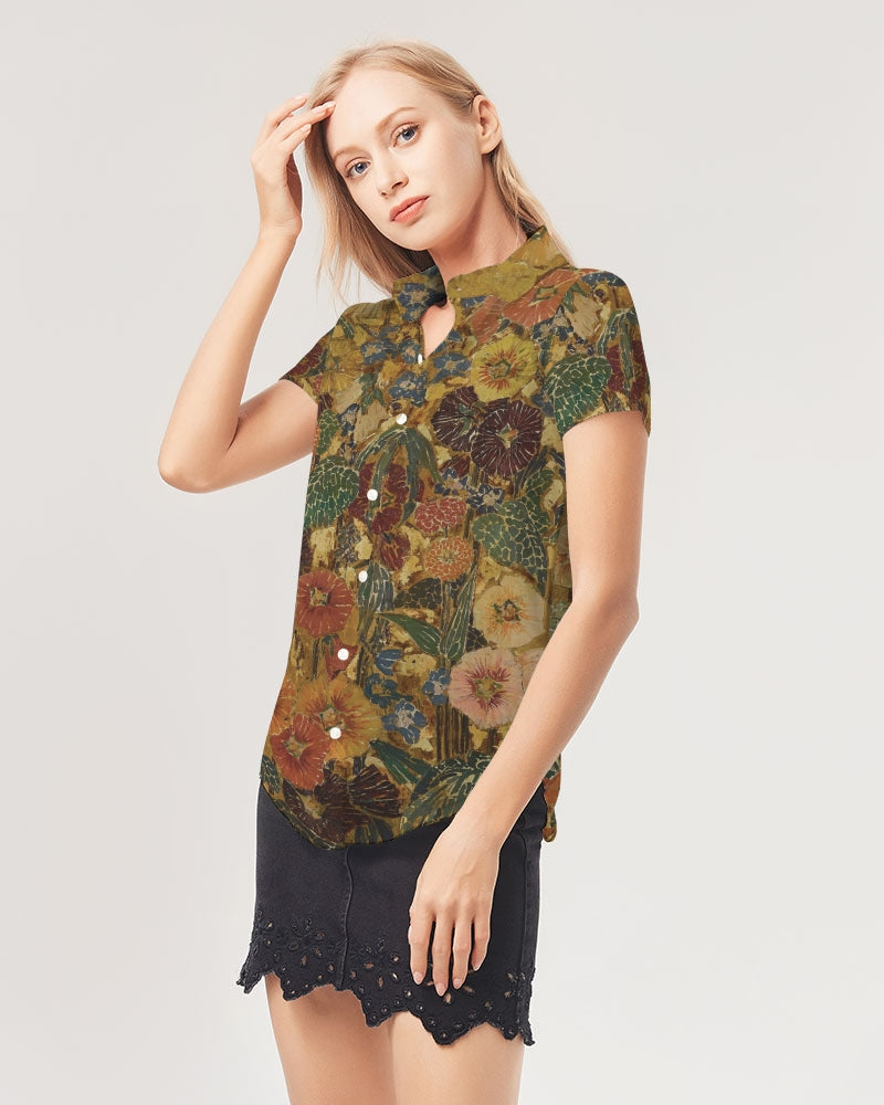 Autumn play Women's All-Over Print Short Sleeve Button Up